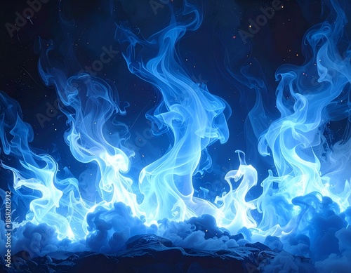 Abstract ethereal blue flames and smoke against a dark backdrop, glowing vividly