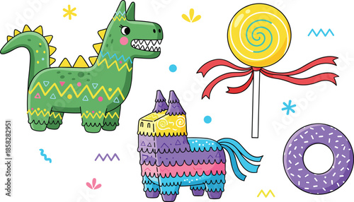 PrintColorful fiesta party vector set featuring a green dinosaur pinata purple donkey pinata yellow swirl lollipop and a glazed donut with sprinkles.