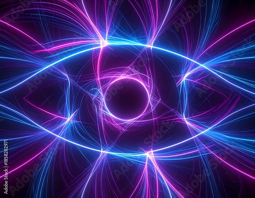 Abstract eye design with neon blue and pink lines swirling around a dark center