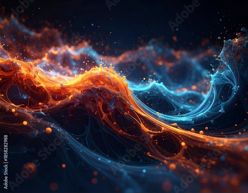 Abstract fiery orange and blue waves with glowing particles against dark background