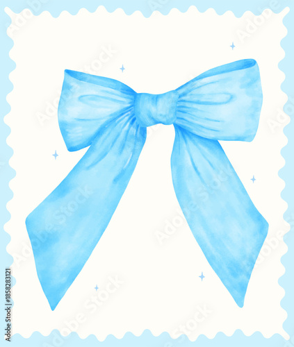 Coquette ribbon bow light blue watercolor hand painting in a preppy aesthetic. This dainty ribbon illustration is perfect for wedding invitations and baby shower stationery.