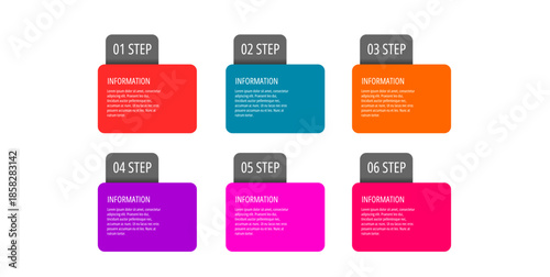 Six Step Process Infographic Template with Colorful Boxes and Text.