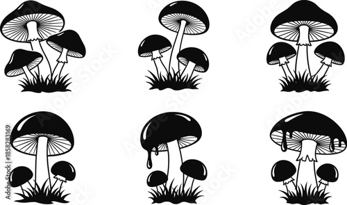 Black and white mushroom illustrations in various poses and sizes
