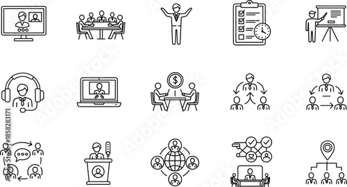 Business management icons set for remote work, video conference, team collaboration, leadership, project planning, online meeting, and corporate office communication symbols