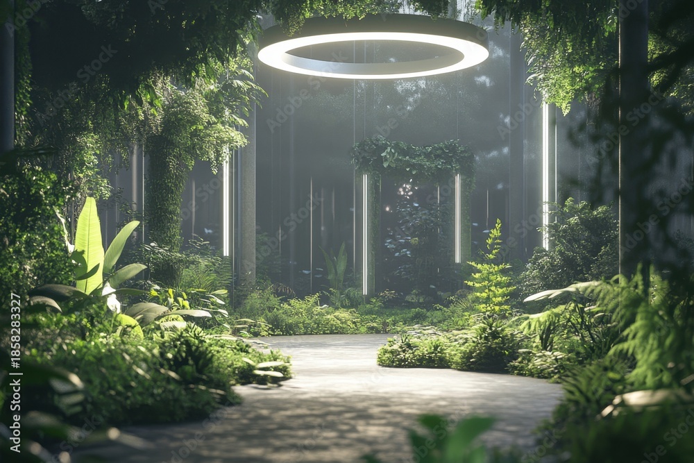 Obraz premium Lush green pathway illuminated by futuristic light rings in a tranquil forest setting