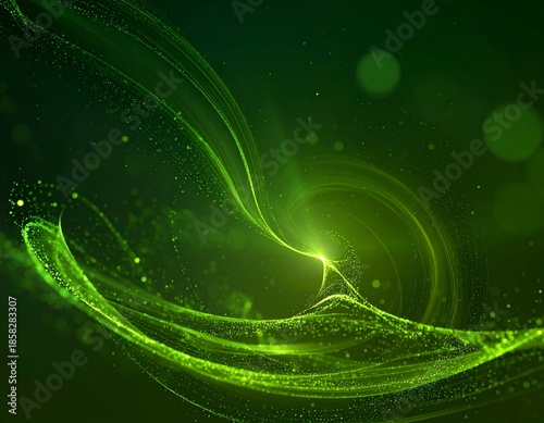 Abstract, flowing green wave with particles, light flares, and a dark, blurred background