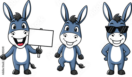 Set of cute donkey cartoon characters featuring a happy mascot holding a blank sign wearing sunglasses and standing in various fun poses.