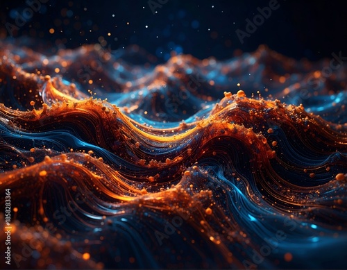 Abstract, flowing lines in blue and orange, resembling waves or energy currents