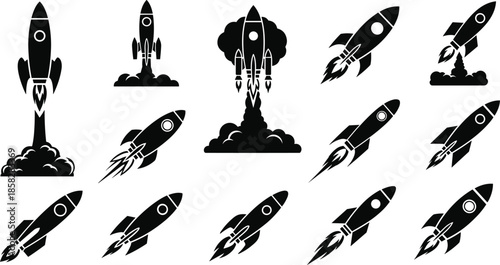 Black silhouette rocket icons launching into space