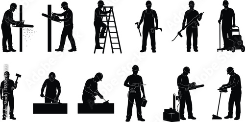 Construction worker silhouettes set, industrial builders using power tools, carpentry, masonry, repairman, professional contractor, home renovation, handyman services, and site safety