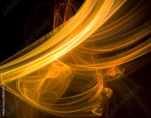 Abstract flowing orange light trails on a black background, creating dynamic shapes