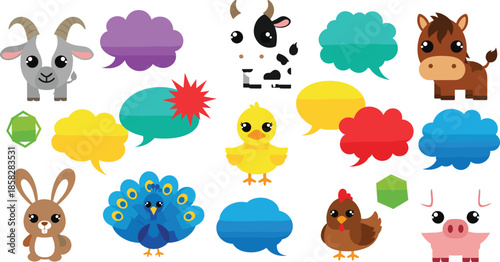 Cute cartoon farm animals collection featuring cow horse pig goat and peacock with colorful speech bubbles for children education nursery and message design,