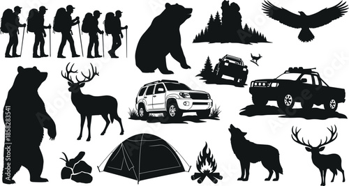 Black silhouettes of outdoor adventure and wildlife