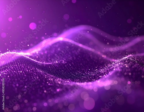 Abstract, flowing purple background with sparkling particles and soft bokeh effects