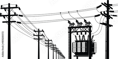 Electric power lines silhouette, high voltage transmission tower, electrical transformer substation, utility poles with wires, energy infrastructure, and grid distribution system