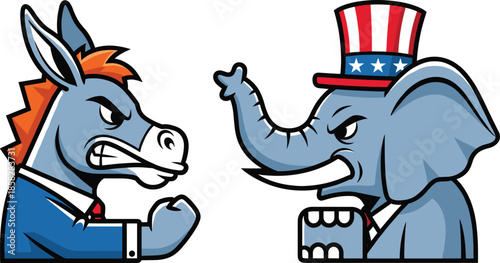 United States political mascots illustration featuring an angry democrat donkey and republican elephant wearing suits and an uncle sam hat for elections.