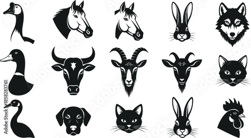Large collection of black animal head silhouettes featuring horses goats cats dogs birds and wolves for farm logo design and wildlife branding.