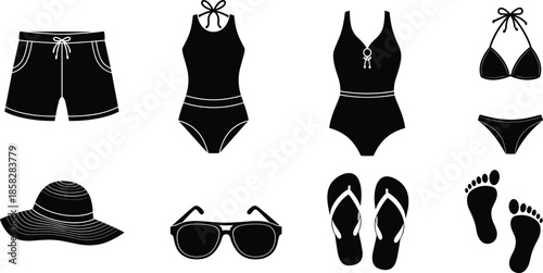 Black silhouettes of summer swimwear and accessories