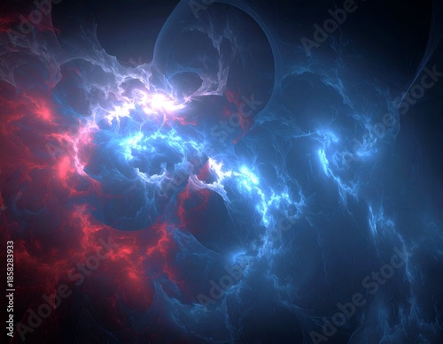 Abstract fractal art depicts vibrant, swirling nebulous forms in shades of red and blue