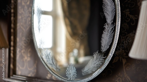 A round mirror with a metallic frame features intricate feather like designs elegantly adorning its lower half.
