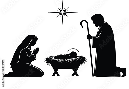 Holy nativity scene silhouette with Virgin Mary Saint Joseph and baby Jesus in a manger under the star.
