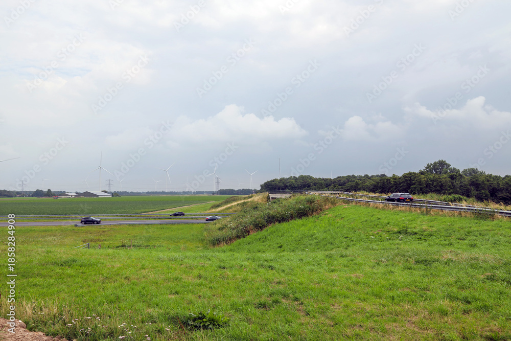 Obraz premium Drone view of meadows and roads at the reclaimed land of Flevoland