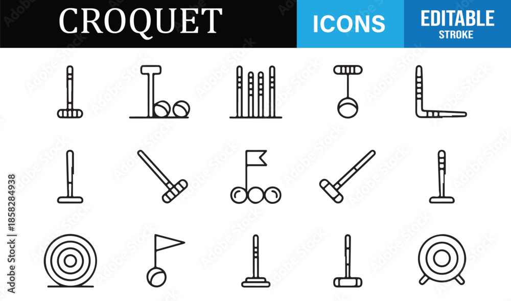 Fototapeta premium Croquet and lawn game line icon set