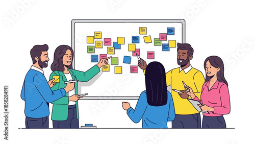 Diverse business team brainstorming with sticky notes on a whiteboard during a meeting.