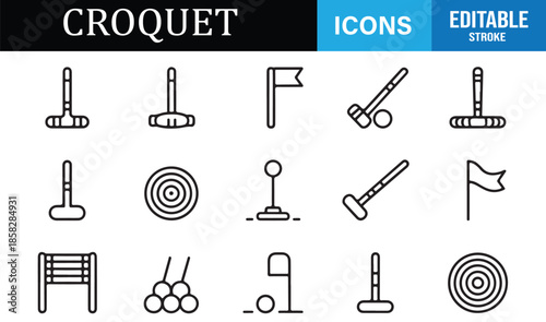 Croquet sports equipment line icons