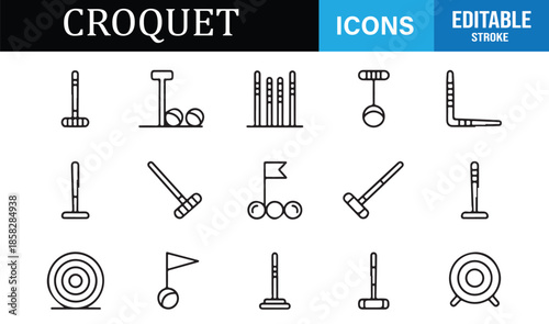Croquet and lawn game line icon set