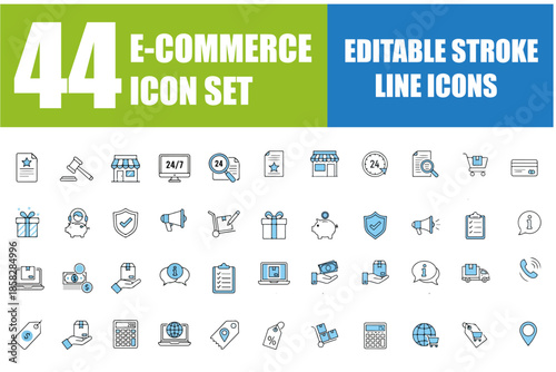 E-commerce and Online Shopping Line Icons Set, Editable Stroke Vector Illustration of Shopping Cart, Credit Card, Delivery, Online Payment, Discount, Customer Service, Buy Button and Retail Symbols