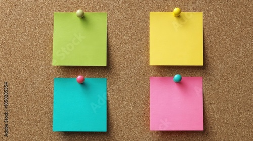 Four colorful sticky notes pinned to a brown corkboard with pushpins, featuring yellow, green, blue, and pink hues,