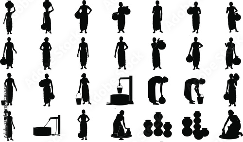 Collection of silhouettes depicting traditional water fetching activities