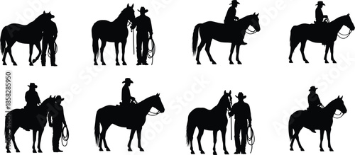 Cowboy and horse silhouettes in various poses with cowboy hats and lassos