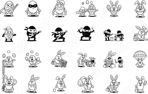Cute Easter bunny and egg characters in various fun and playful poses