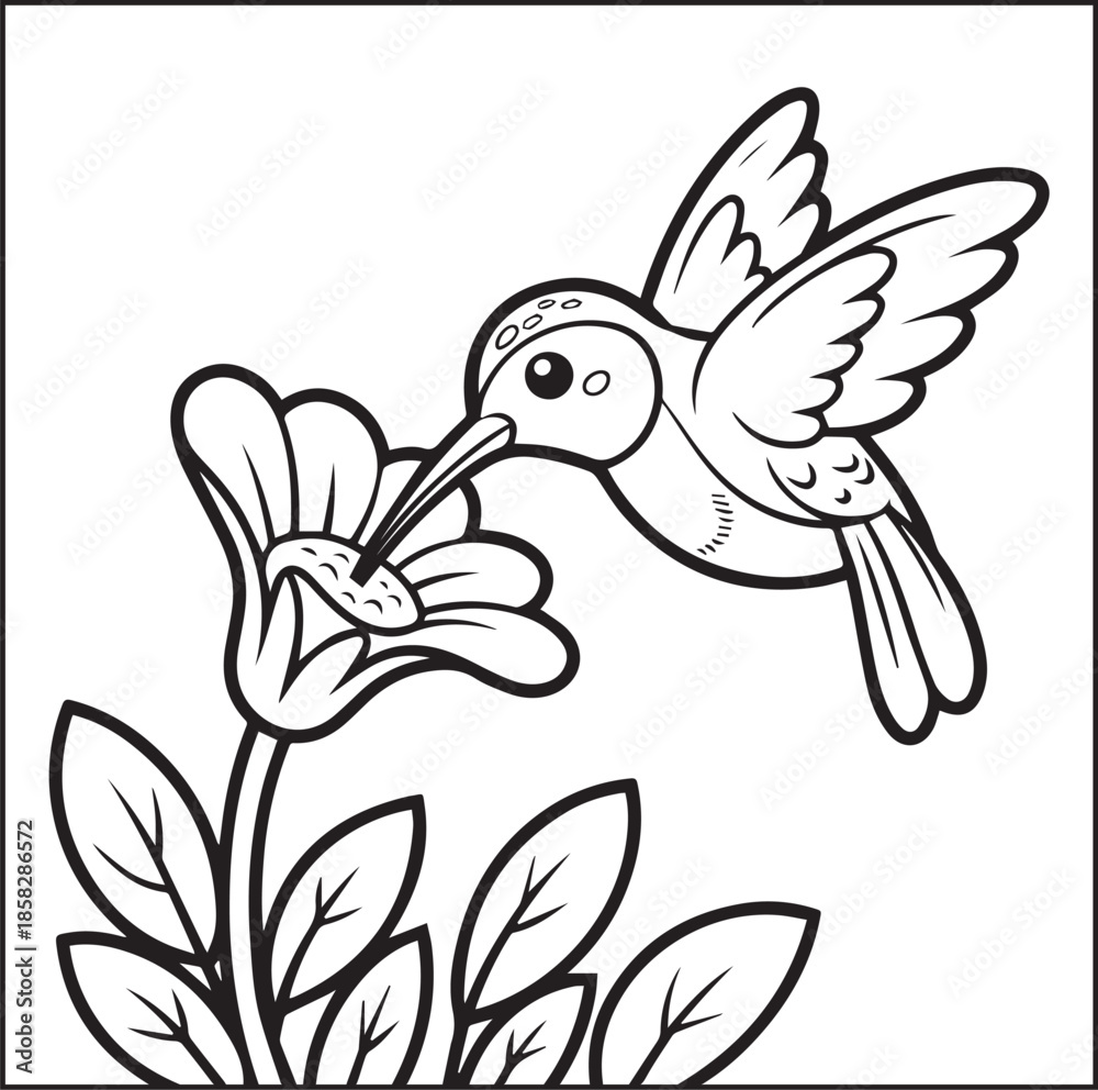 Obraz premium Beautiful hummingbird black vector outline hand-drawn artwork for kids coloring page or book design