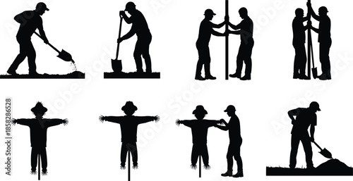 Farmers working in fields with scarecrows