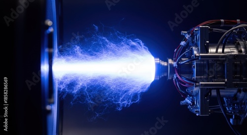 Bright ionized plasma emanates from a compact satellite ion thruster under vacuum conditions emphasizing space propulsion innovation.