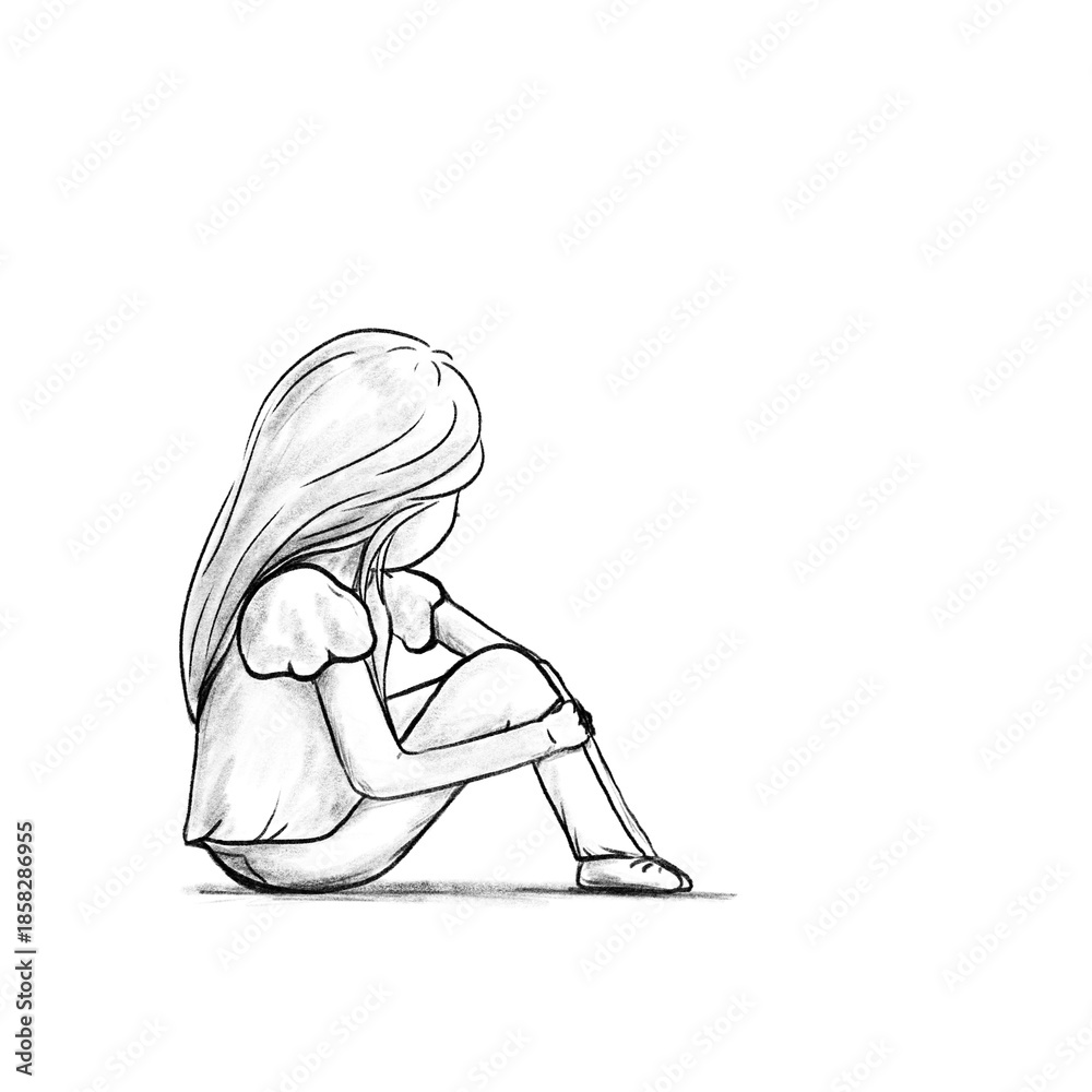 Obraz premium Girl sitting with her knees drawn up and looking out pencil sketch illustration