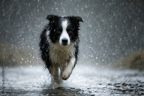 Happy dog ​​is running in the water