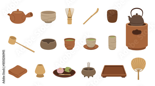 Collection of Traditional Japanese Tea Utensils.