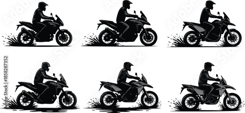Motorcycle riders in motion with silhouettes on white
