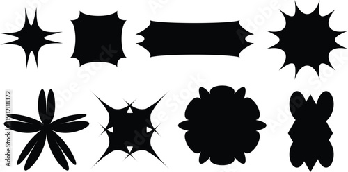 Collection of black starburst and floral silhouette frames with sharp pointed edges isolated on white background