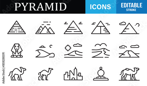 Historical monuments and pyramid line icons