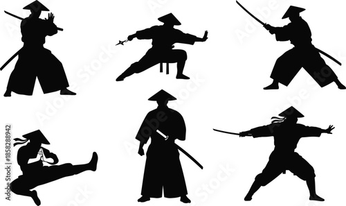Six samurai warriors in dynamic combat poses with swords