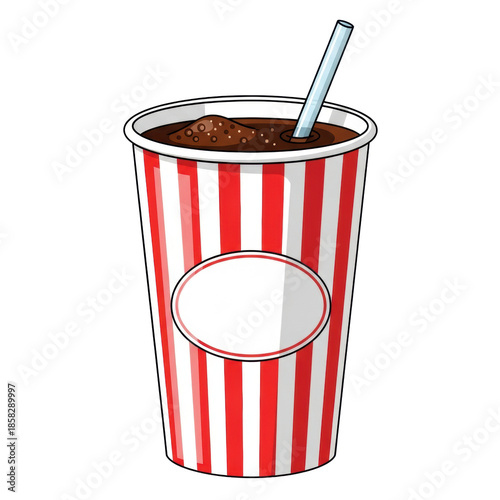 iconic cinema paper soda cup with red and white stripes and a plastic straw, featuring a blank oval label, dark cola liquid, flat vector iconographic design. concept for movie theater concessions