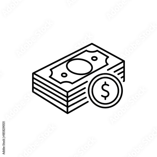 Minimalist Line Drawing of Cash Stacks with Coin for Financial and Business Themes