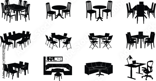 Various dining and office furniture silhouettes for design projects