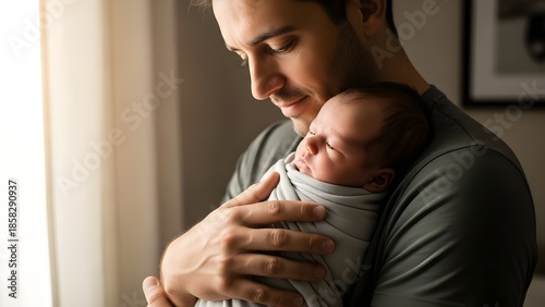 Man gently holding his sleeping newborn baby in warm light