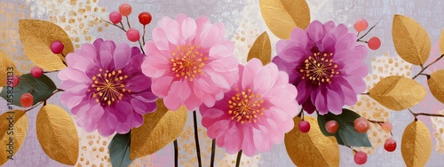 Bright flowers with gold leaves and berries in an art piece on a textured background, wall art Poster in painting style